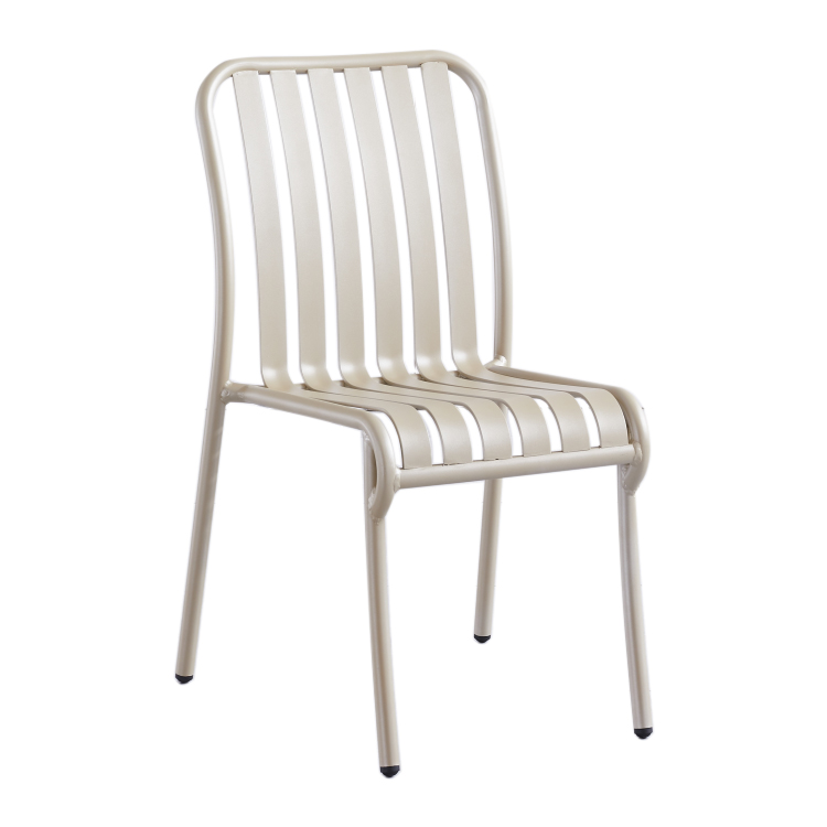 Foshan Nuevo diseño Bistro Comedor Jardín al aire libre Restaurante Patio Metal Aluminio Sillas apilables Juego de mesa Muebles