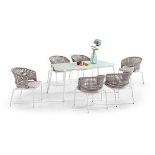 Mesa de comedor superior barata del vidrio esmerilado blanco y 6 sillas fijadas Proveedores
